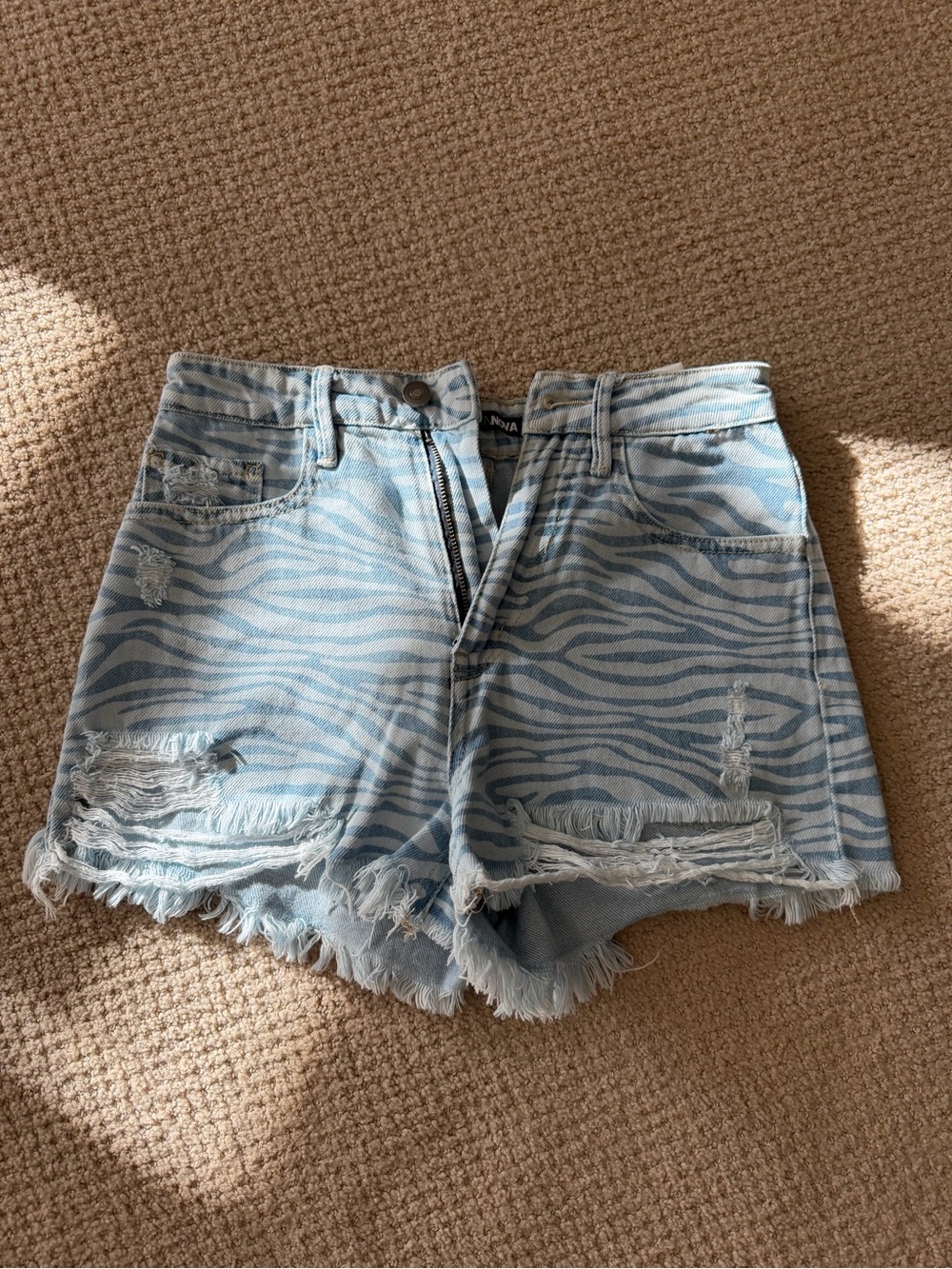 Fashion Nova Light Blue Zebra Print Distressed Denim Shorts